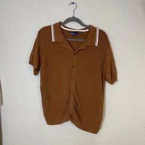 Commerce Knit Button-Up Polo Shirt Brown Short Sleeve Textured Collared Size M